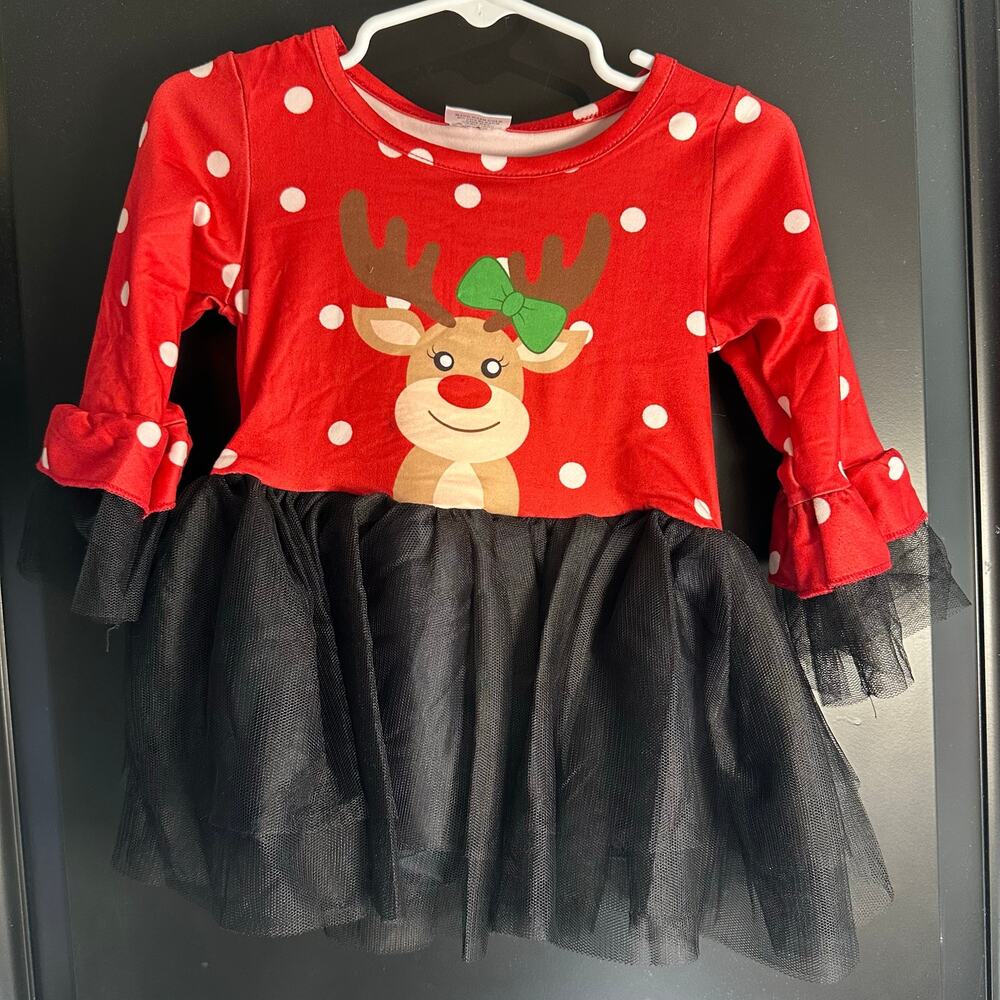 🌻NWT Boutique Girls 6-9M Christmas Reindeer Dress Black Tutu